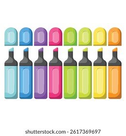 A set of colourful highlighter markers pens with caps off. Elements of drawing tools.