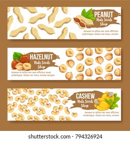 Set of colourful horizontal banners with nuts. Vector templates. Realistic kernels layoutes are good for advertising kernels products.