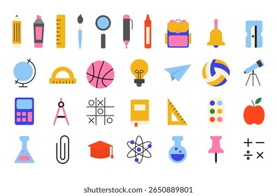 set of colourful icons of school and education supplies. stationery office supply. back to school vector collection	