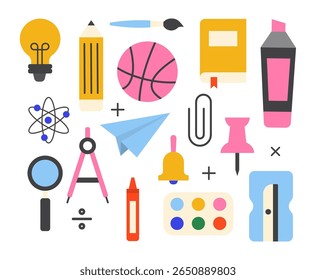 set of colourful icons of school and education supplies. stationery office supply. back to school vector collection	