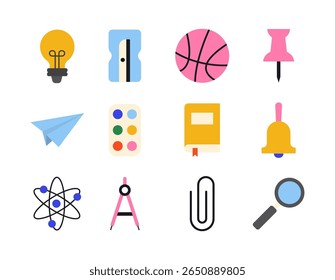 set of colourful icons of school and education supplies. stationery office supply. back to school vector collection	