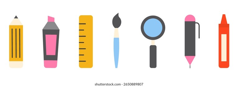 set of colourful icons of school and education supplies. stationery office supply. back to school vector collection	