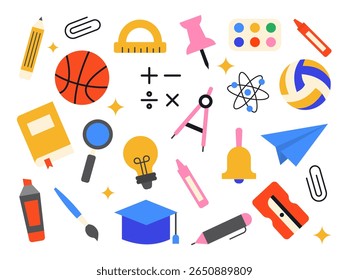 set of colourful icons of school and education supplies. stationery office supply. back to school vector collection	