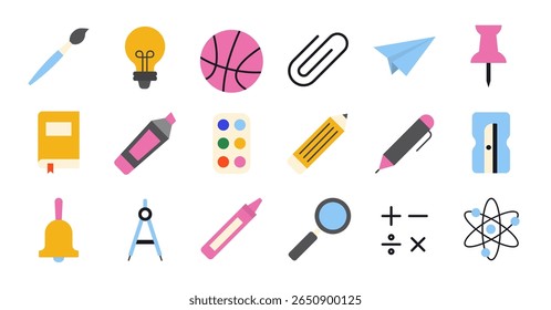set of colourful icons of school and education supplies. stationery office supply. back to school vector collection