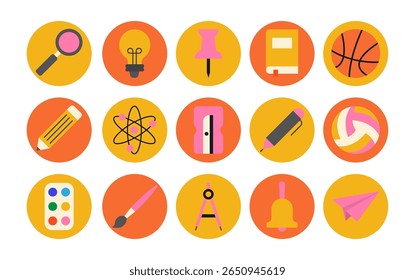 set of colourful icons of school and education supplies. stationery office supply. back to school vector collection
