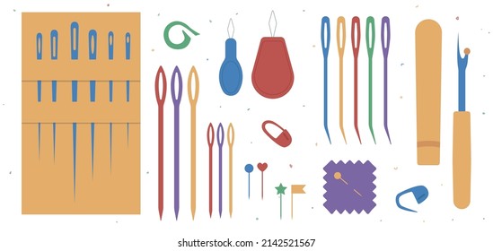 Set of colourful icons: various needles, different markers for yarn (knitting or crocheting), ripper with cap, needle threader, tissue. Vector flat illustration. Isolated on white background with dots