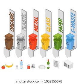 Set of colourful isometric garbage bins, ecology and recycle concept. Many trash cans with sorted garbage. 3d isolated vector illustration on white background