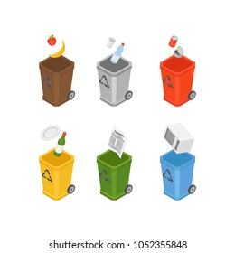 Set of colourful isometric garbage bins, ecology and recycle concept. Many trash cans with sorted garbage. 3d isolated vector illustration on white background