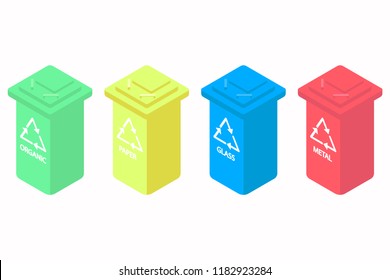 Set of colourful isometric garbage bins, ecology and recycle concept. Many trash cans with sorted garbage. 3d isolated vector illustration on white background