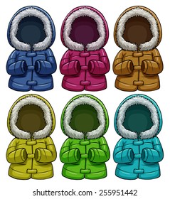 Set of colourful jackets on a white background