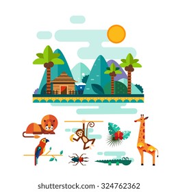 Set of colourful jungle and tropic animals and nature elements in flat style, vector illustration set