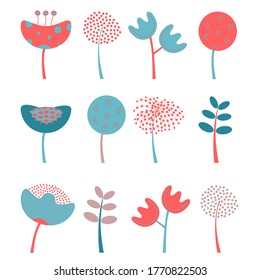 Conjunto de ilustraciones vectoriales de coloridas hojas y colección de flores