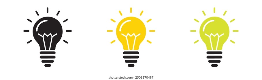 Satz bunter Leuchtmittel-Vektorsymbole in Schwarz, Gelb und Grün. Ideal für kreative Projekte, Energiethemen und Innovationskonzepte. Hochwertiges Design, perfekt für Web, Print und digitale Nutzung.
