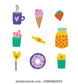 Set of colourful love theme food and drink objects isolated on white background. Cup, ice cream, strawberry, cupcake, candy, jar, lolly pop, donut. Simple cartoon flat style, vector illustration.