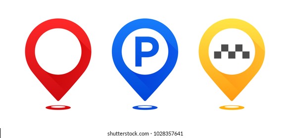 Set of colourful map pointers. Map pointer, map parking pointer, map taxi pointer.