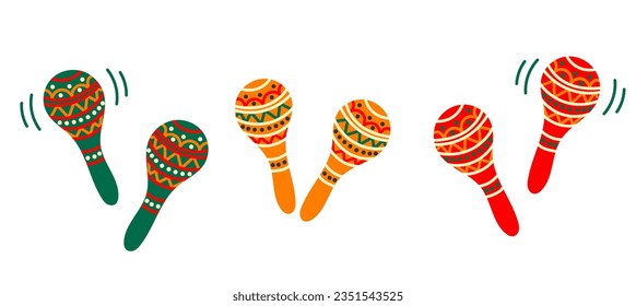 Set of colourful maracas, traditional Mexican and Latin musical instrument. Flat vector illustration