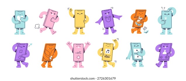 Conjunto de coloridas mascotas de smartphone en diferentes poses. Lindos teléfonos móviles con cara feliz y triste. Los personajes telefónicos están saludando, bailando, sonriendo. Ilustraciones vectoriales aisladas planas en blanco