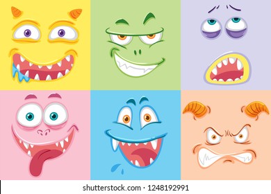 Set of colourful monster faces illustration