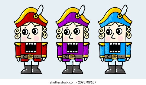 A set of colourful nutcrackers, doodle style. Vector illustration in red, yellow, blue, purple tones. 