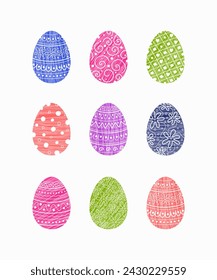 Un juego de huevos adornados de colores. Iconos de Pascua con patrón dibujado a mano. Ilustración de vector