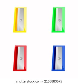 Set of colourful pencil sharpeners isolated on white background. Trendy design of school equipment for kids.
