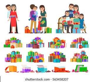 Set of colourful pictures with cartoon people celebrating New Year and giving present boxes to each other. Vector poster of groups of decorated variegated xmas cases with ribbons and opened boxes