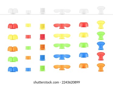 Set of colourful plastic caps for pouch bag. Front view. Vector illustration isolated on white background. It's easy to choose for your product. EPS10. svg