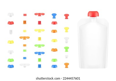 Set of colourful plastic caps for pouch bag. Front view. Vector illustration isolated on white background. It's easy to choose for your product. EPS10. svg