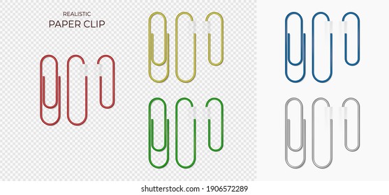 Set of colourful Plastic and metal paper clips on transparent background isolated and attached to paper.