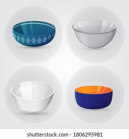 Set of colourful plates,kitchen dishes for food or meal, porcelain dishware for food serving. Vector illustration for banner, menyt, tableware design element, mock up,book illustration
