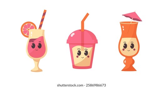 Set of colourful playful cocktails with straws on a white background