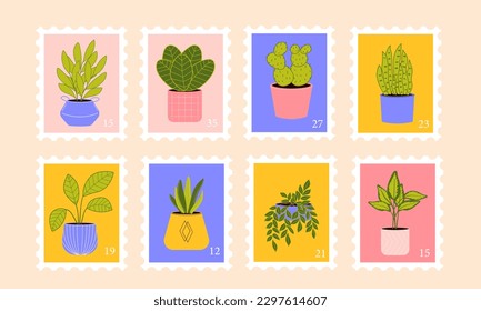 Set of colourful post stamps with houseplants vector flat illustration. Mail and post office concept.