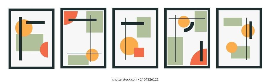 Conjunto de póster colorido con forma geométrica y conjunto de líneas. patrón abstracto, arte de la línea de diseño, estilo de moda. Ilustración de Bauhaus con círculo, cuadrado, triángulo. diseño para tarjetas, invitación, Anuncio