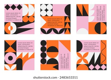 Conjunto de póster colorido con forma geométrica y conjunto de líneas. patrón de Elementos abstractos, arte de línea de diseño, estilo de moda. Ilustración de Bauhaus con círculo, cuadrado, triángulo. diseño para tarjetas, invitación