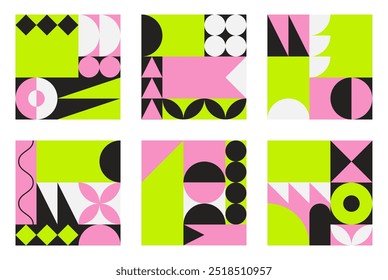 Set of colourful poster with geometric shape and line set. abstract elements pattern, design line art, trendy style. Bauhaus illustration with circle, square, triangle. design for cards, invitation