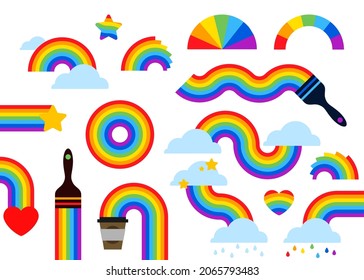Set von bunten Regenbogen, Sternen und Wolke mit Regenbogenfarben Schwanz. Große Kollektion heller Regenbögen Symbol einzeln auf transparentem Hintergrund.