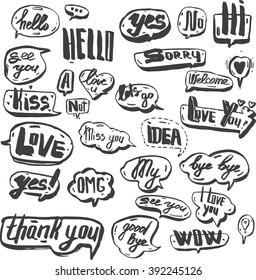 A set of colourful and retro comic book design elements with speech bubbles. Doodle design with short messages.Hand painted ink.Design elements for banner,  flayer, business, card, poster.