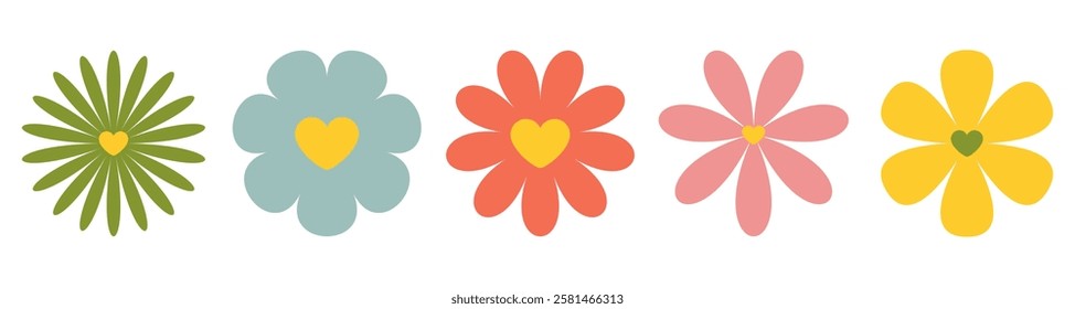 Set of Colourful Retro Daisies Chamomile with Heart Centers. Chamomile icon. Vintage 70's style. Set of stylish floral elements in vintage palette, decorative floral symbols in flat design
