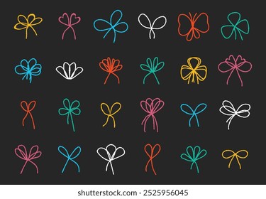 Conjunto de lazos de cinta de colores con textura de tiza. Bowknot para paquete o carta.  Elegante estilo minimalista. Ilustración vectorial