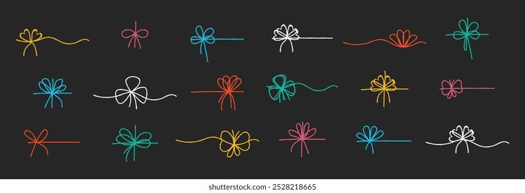 Set of colourful ribbon bows with a chalk texture. Bowknot for package or letter.  Elegant minimal style. Vector illustration