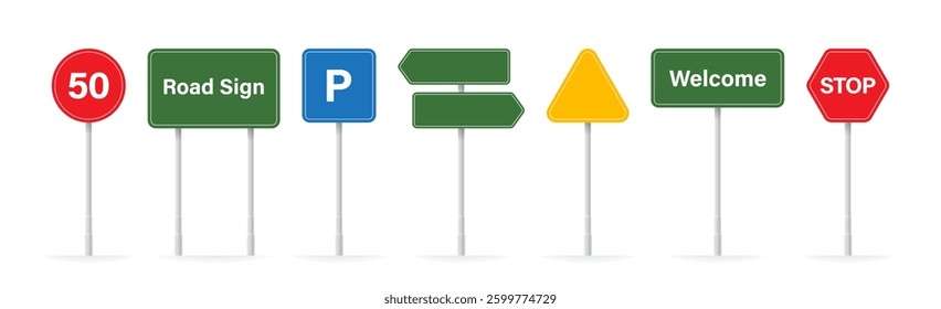 A set of colourful road signs with various shapes and texts, including directional, speed limit, and parking signs. Ideal for navigation, transportation, and traffic. Vector illustration 