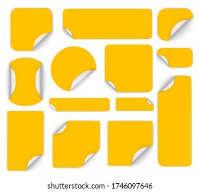 Set of colourful round adhesive stickers with folded edges. Set of multi colored paper sticker of different shapes with curled corners. Empty price tag templates. Vector illustration, eps 10.