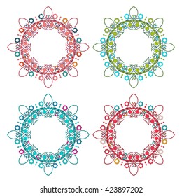 Set of Colourful Round Ornament Pattern Isolated On White Background. Flourish Design For Invitations And Greeting Cards. Mandala. Place For Text. Vector Illustration

