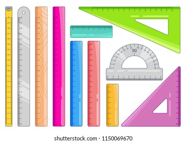 Set of colourful rulers. Art design measurement office supplies and school stationery. Vector illustration isolated on white.