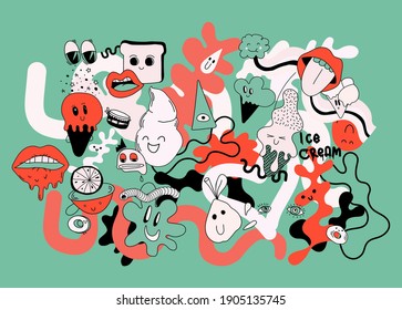 Set of colourful separate vector doodles, fully editable. Funny clip-arts is perfect for graphic design, cards, posters, prints, apparel, packaging, t-shirts design and more!