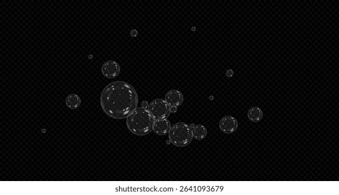 A set of colourful soap bubbles for creating designs. Isolated, transparent, realistic soap bubbles on a black background. Bubble,bulbashka. PNG