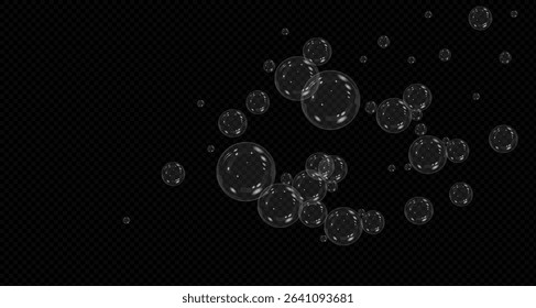 A set of colourful soap bubbles for creating designs. Isolated, transparent, realistic soap bubbles on a black background. Bubble,bulbashka. PNG
