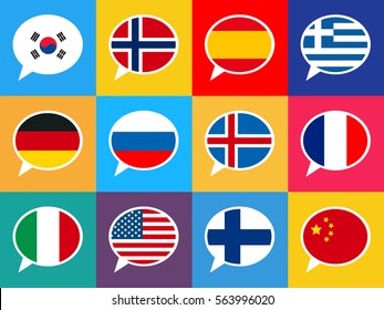 Set of colourful speech bubbles with different countries flags in flat design style. Languages concept illustration.