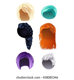 A set of colourful and stylish women's wigs. Vector illustration.