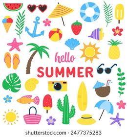 Set with colourful summer stickers. Holiday concept with icons. Vector illustration